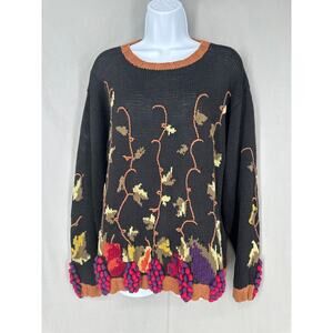 Vintage Sweater Women Small Black Grapes Fruit Handknit Cottagecore Cabin Floral